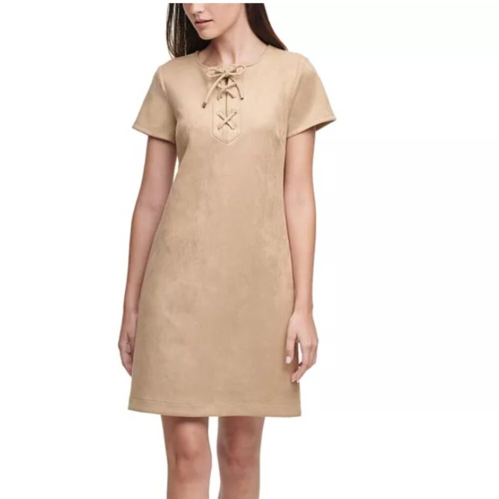 Tommy Hilfiger Dress Womens 6 Tan Lace-Up Scuba Faux-Suede A-Line Back Zip‎ Logo - Picture 3 of 14
